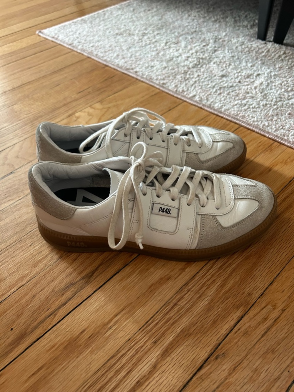 P448 White & Light Gray Low-Top Leather Sneakers with Gum Sole